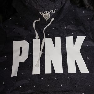 Black and gray camo Pink! Hoodie with rhinestones
